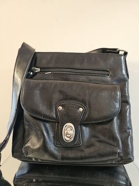 Jessica Simpson Black Leather Messenger Bag with Silver Hardware
